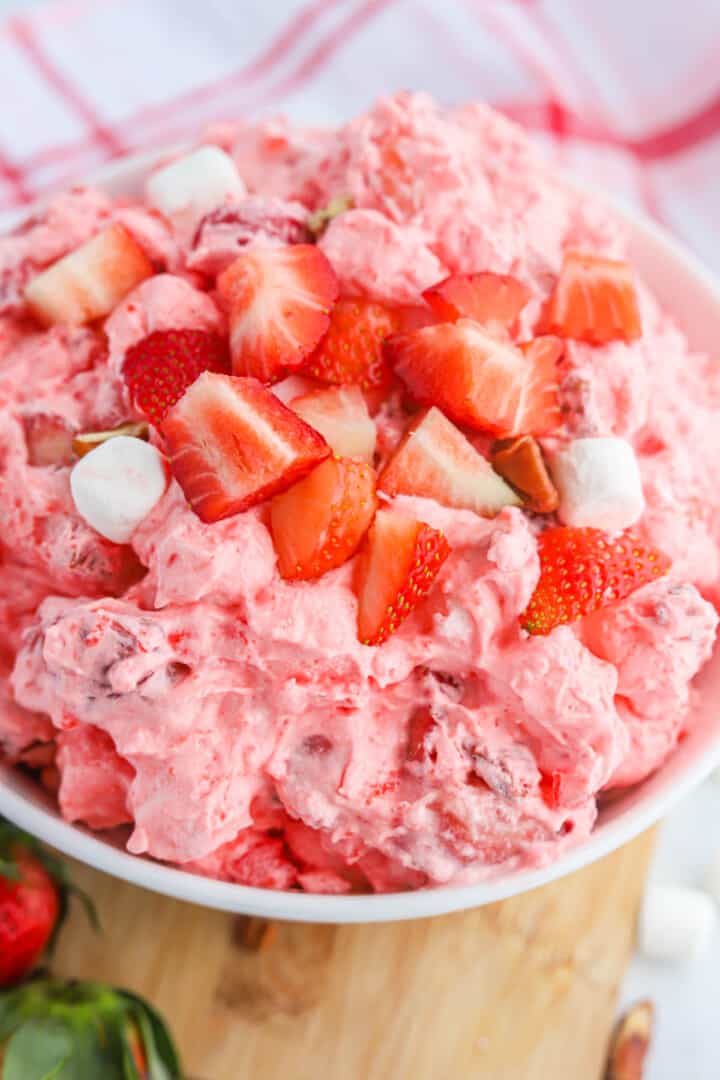 closeup of Strawberry Fluff in a white bowl for serving.