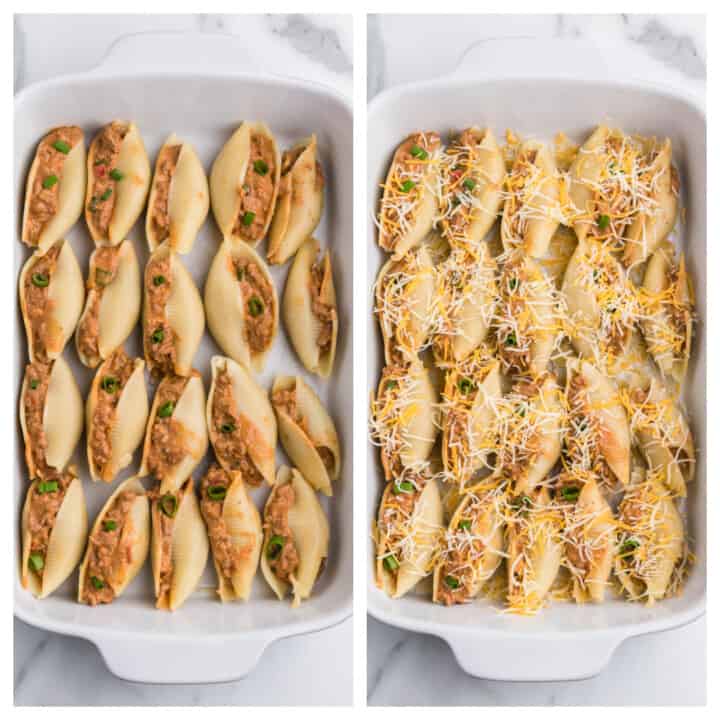 taco stuffed shells in casserole dish topped with cheese.