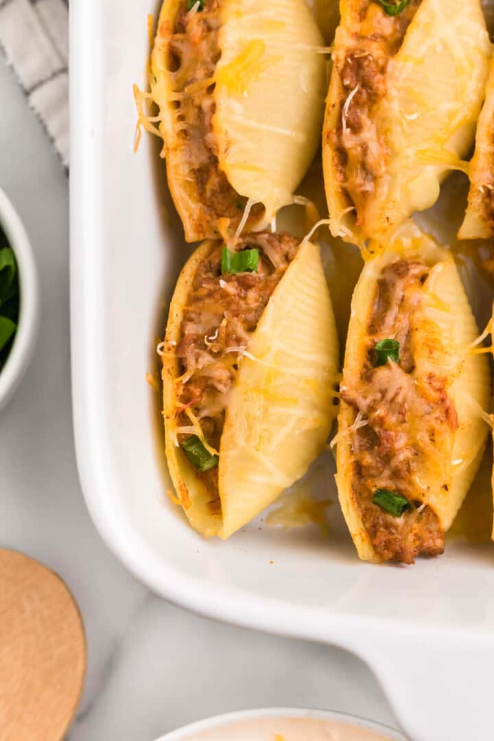 closeup of taco stuffed shells.