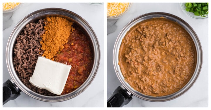 cooked ground beef with cream cheese, taco seasoning and salsa in a pot.