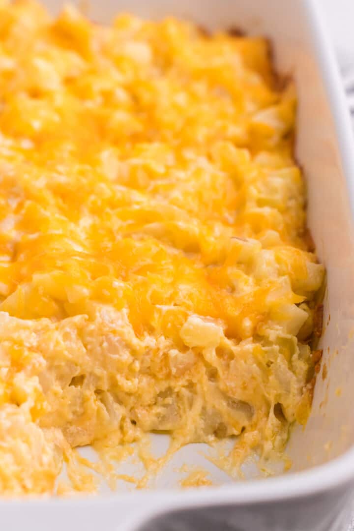 closeup of baked cheesy potato casserole.