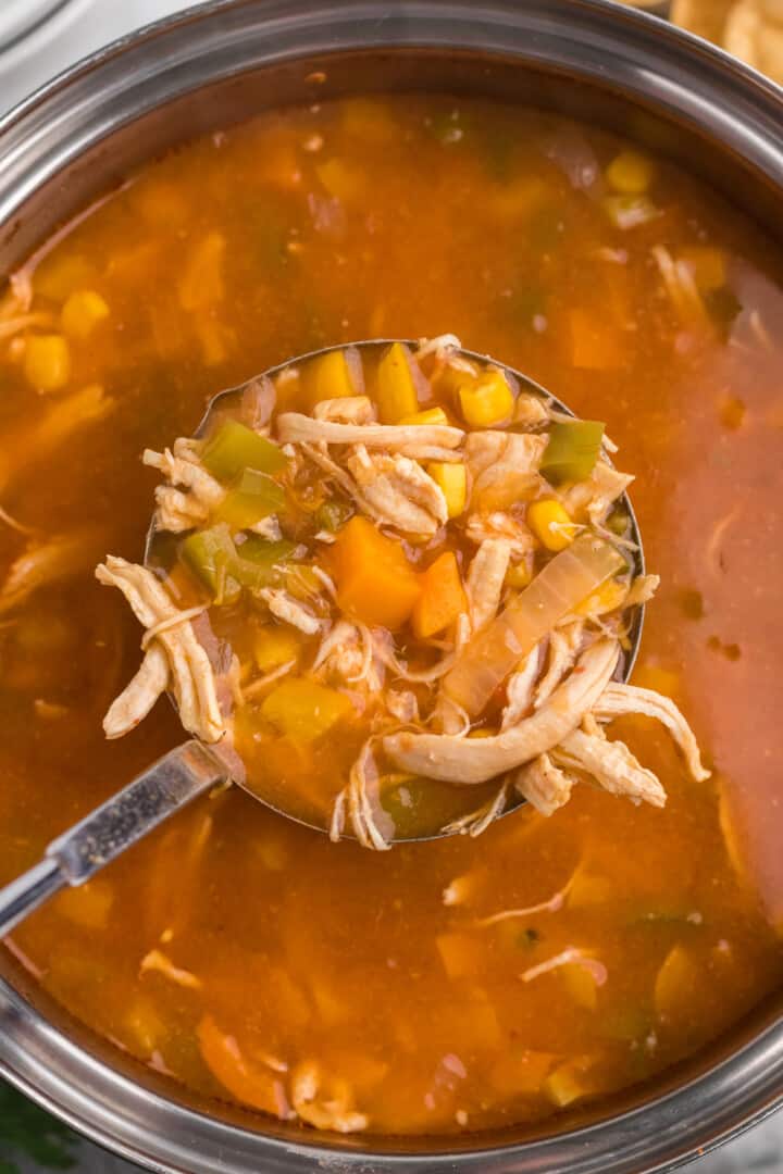 using a ladle to serve the soup.