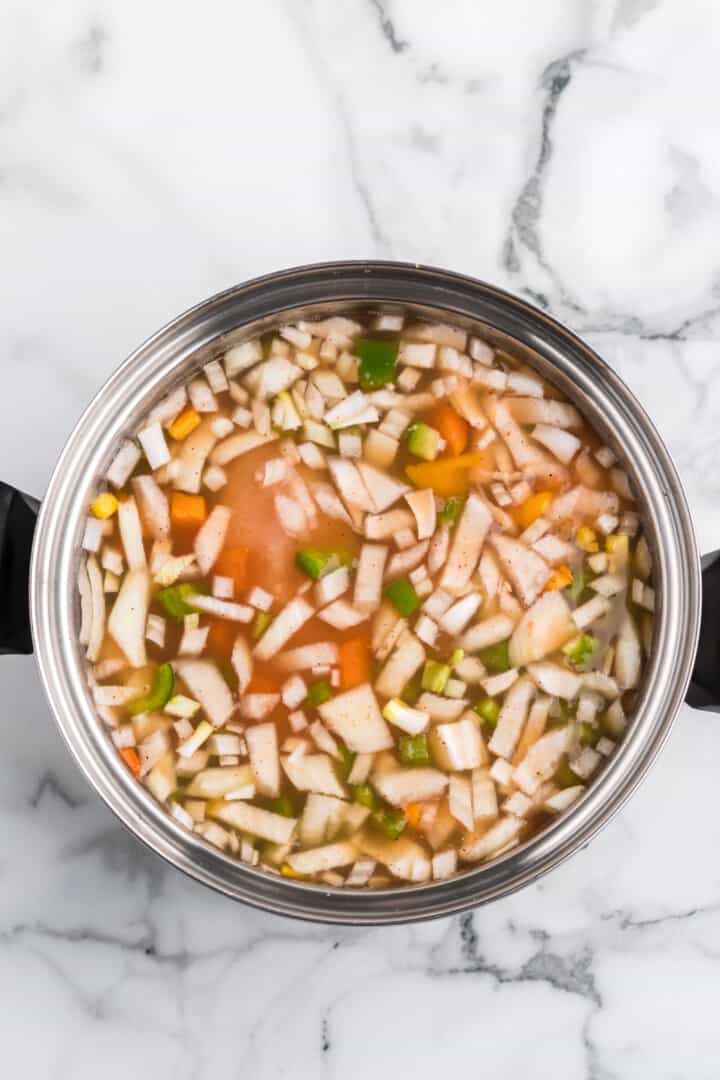 soup in a large stock pot ready to cook.