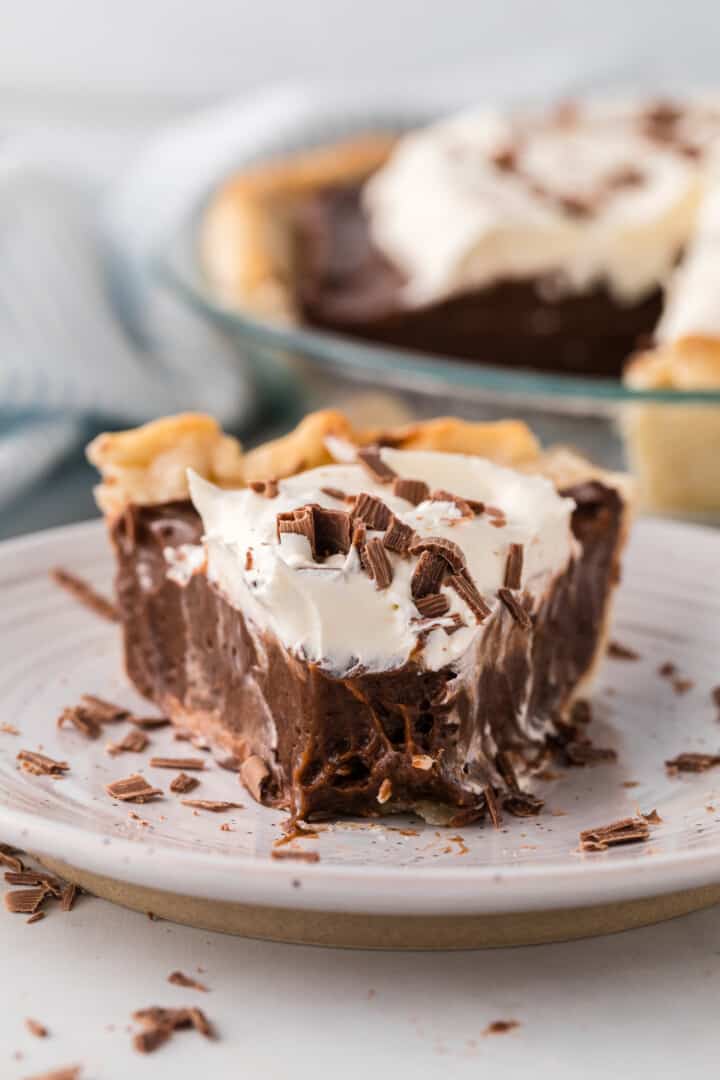 Chocolate Pudding Pie on plate.