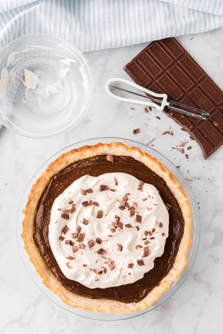 topped the pie with whipped topping and shaved chocolate.