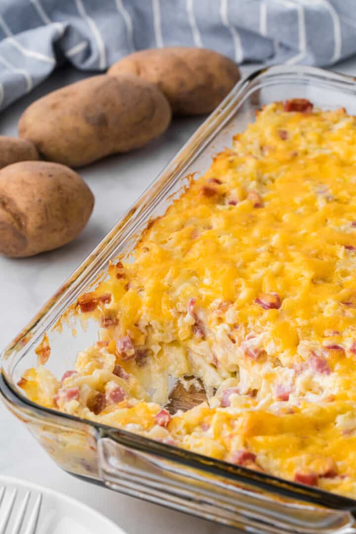 Cheesy Ham and Potato Casserole in casserole dish.