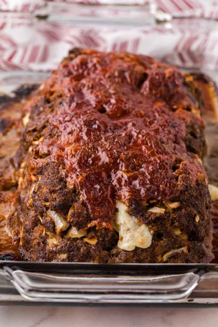 baked stuffed meatloaf closeup.