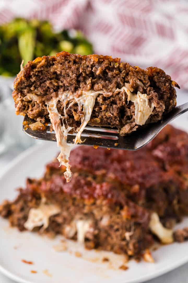 Stuffed Meatloaf on a fork for eating.
