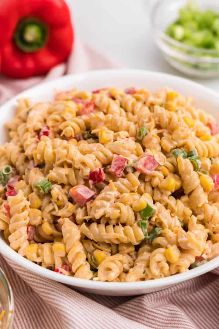 Taco Pasta Salad in large white serving bowl.