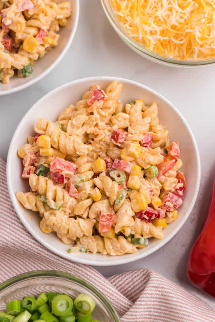 taco pasta salad in white bowl.