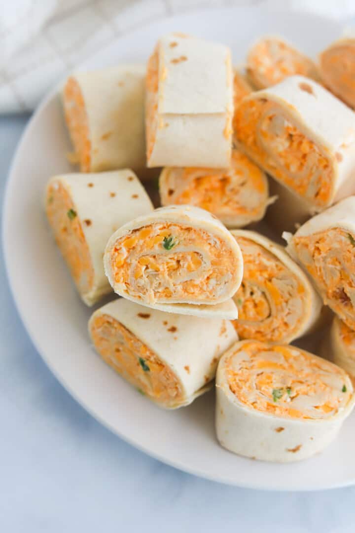 pinwheels sliced and served on white plate.