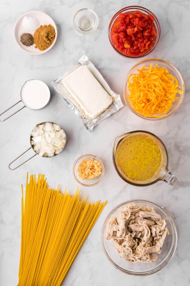 ingredients for chicken spaghetti casserole.