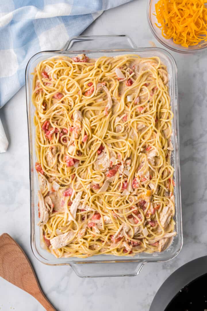 chicken spaghetti casserole in the casserole dish.