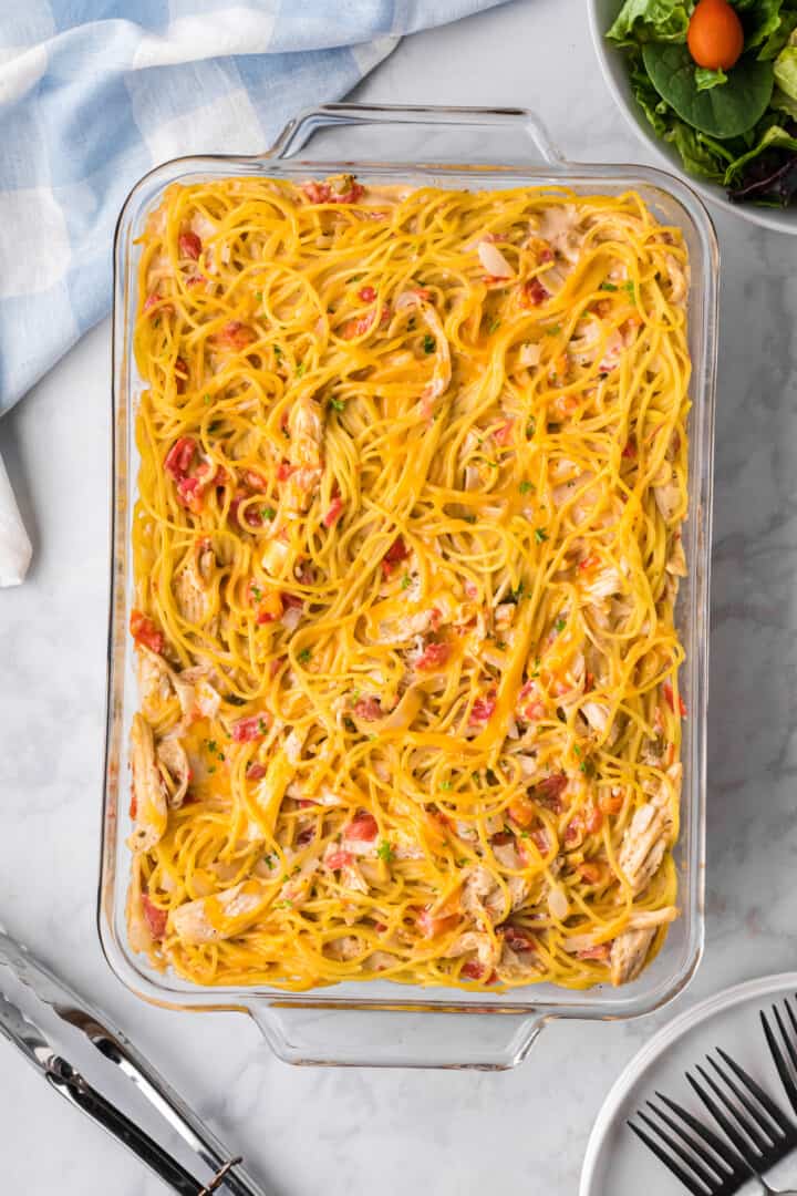 baked chicken casserole in casserole dish.