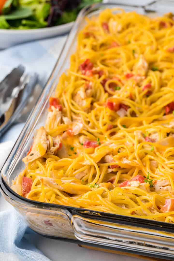 closeup of baked chicken spaghetti casserole.