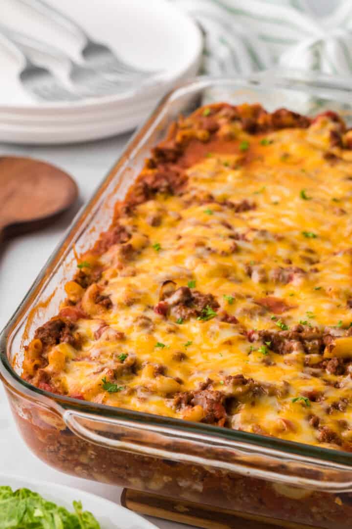 closeup of Chili Mac Casserole.