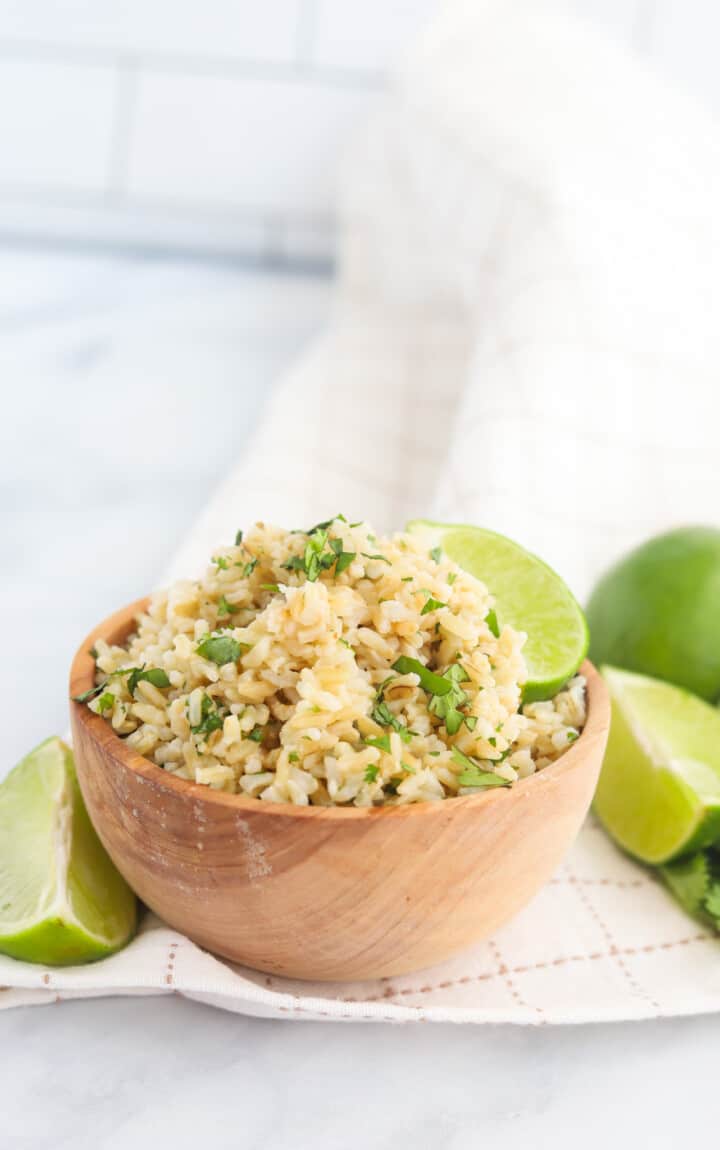 Cilantro Lime Brown Rice in brown serving bowl.
