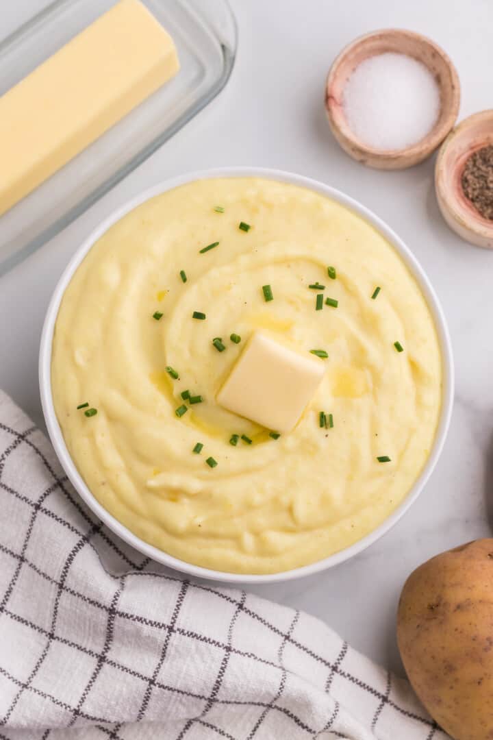 top down view of the mashed potatoes.