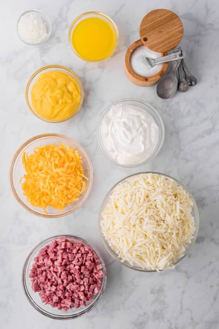 ingredients for cheesy ham and potato casserole.