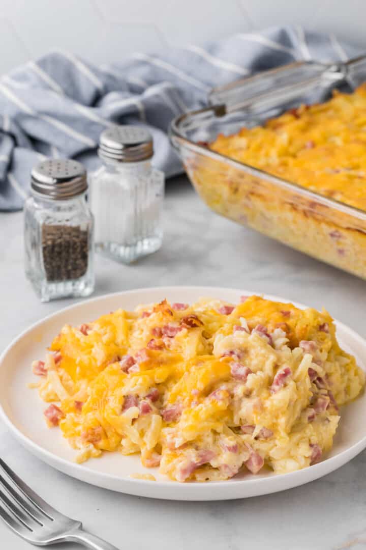 closeup of the casserole on white plate.