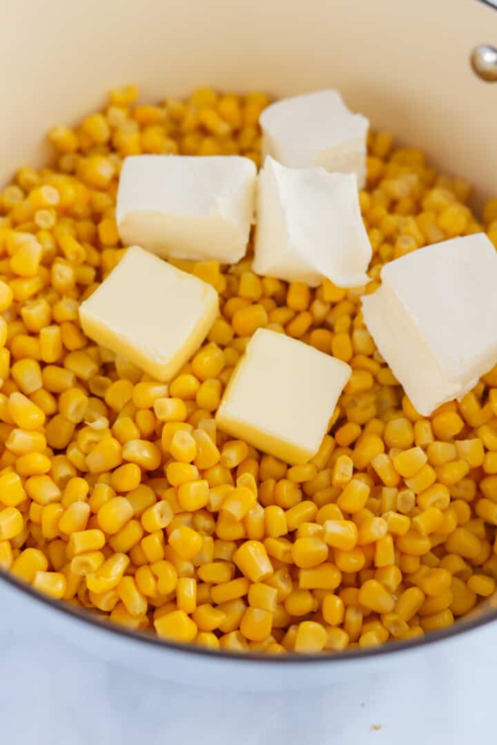 corn, butter and cream cheese in large pot.