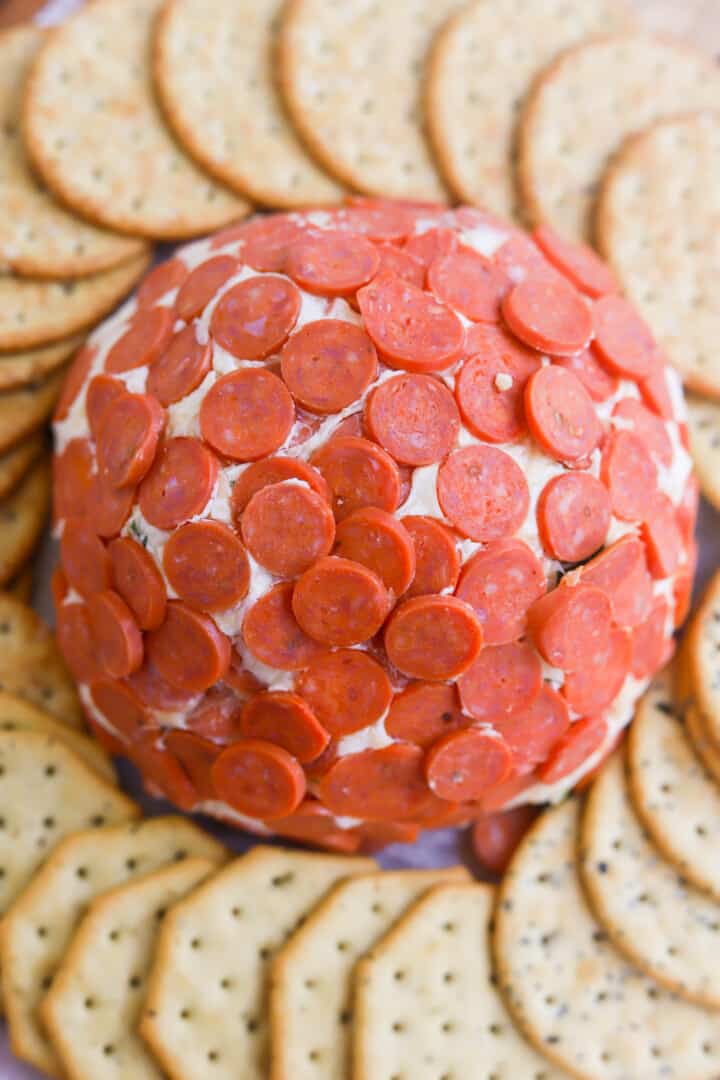 top view of pepperoni cheese ball.