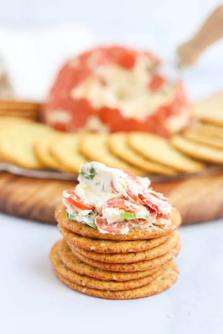 some cheese ball spread on a cracker.