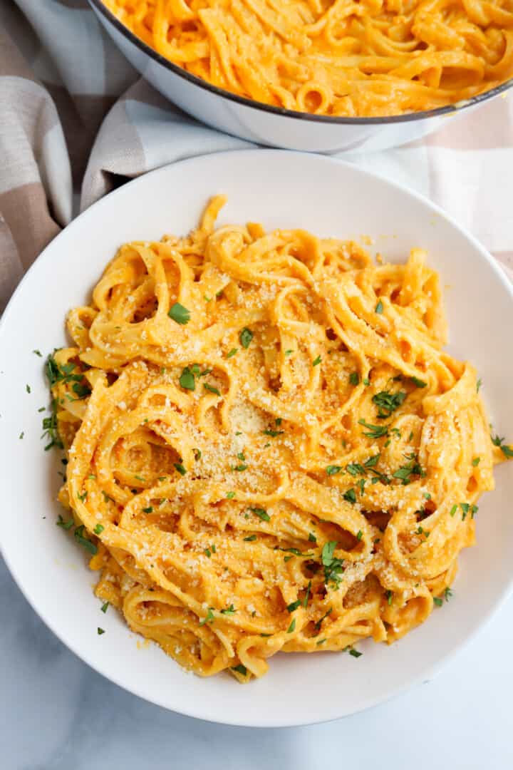 Pumpkin Pasta in white bowl for serving.