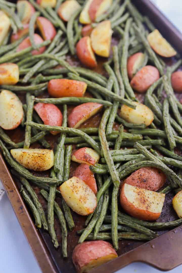 Roasted Green Beans and Potatoes on baking sheet.