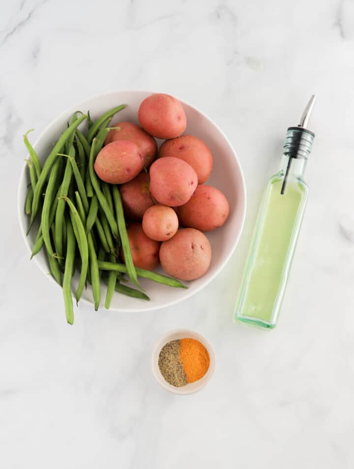 ingredients for oven roasted green beans and potatoes.