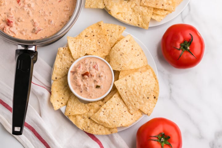 top-down view of dip on plate with chips.