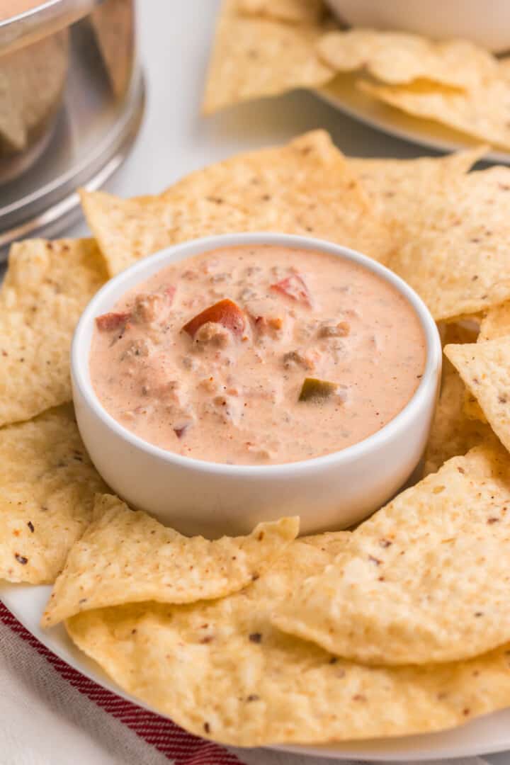 dip in serving bowl with tortilla chips.