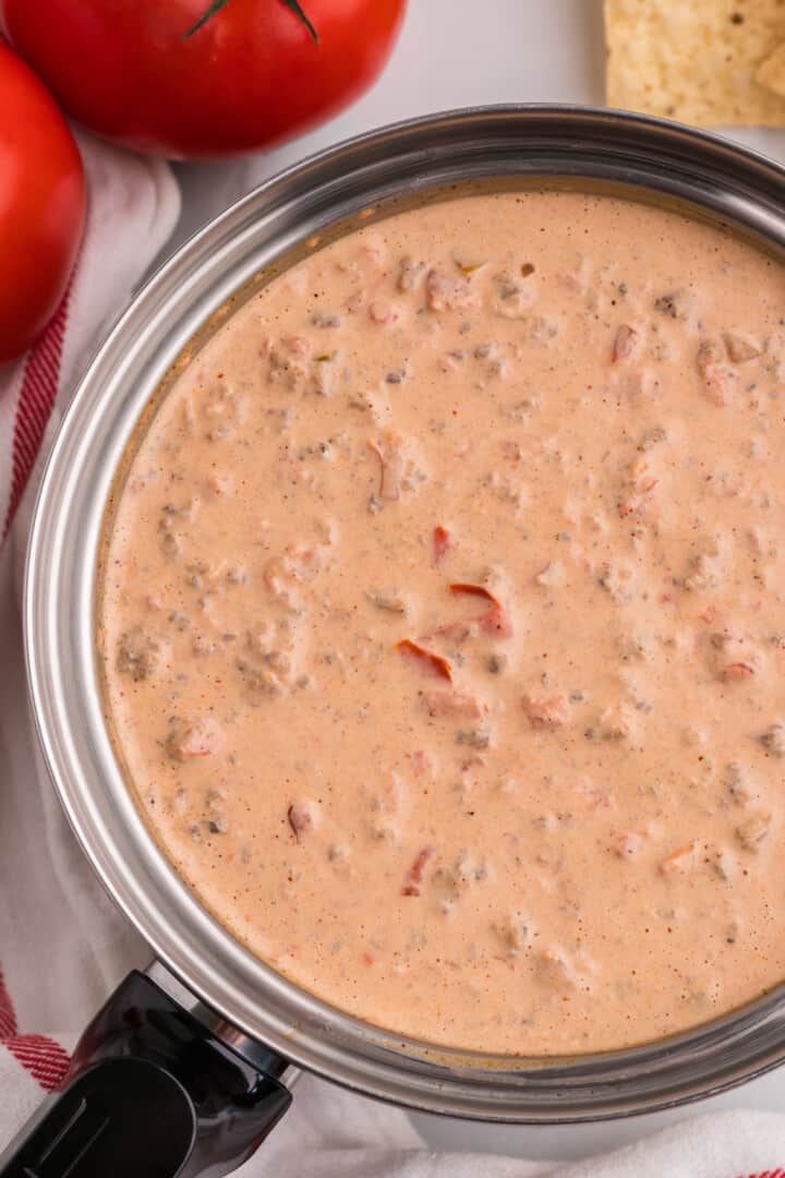 closeup of sausage cream cheese dip in pan.