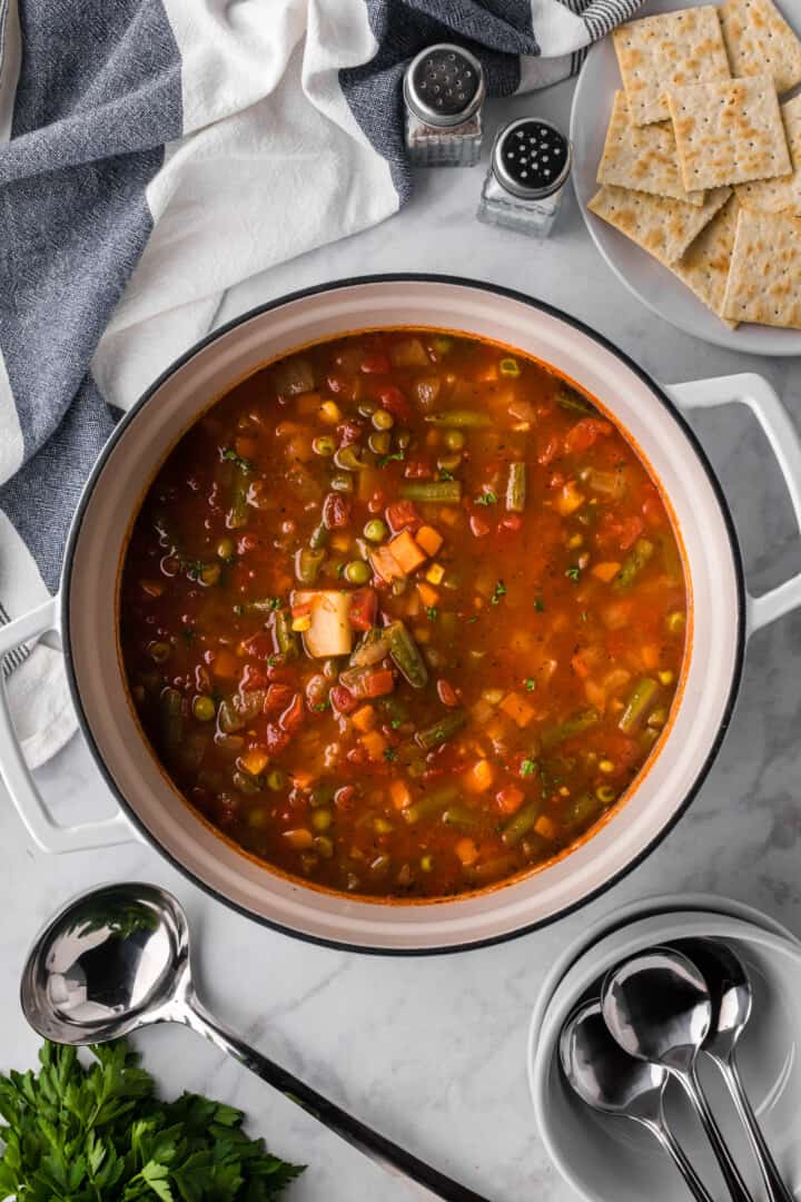 top down view of vegetable soup in large pot.