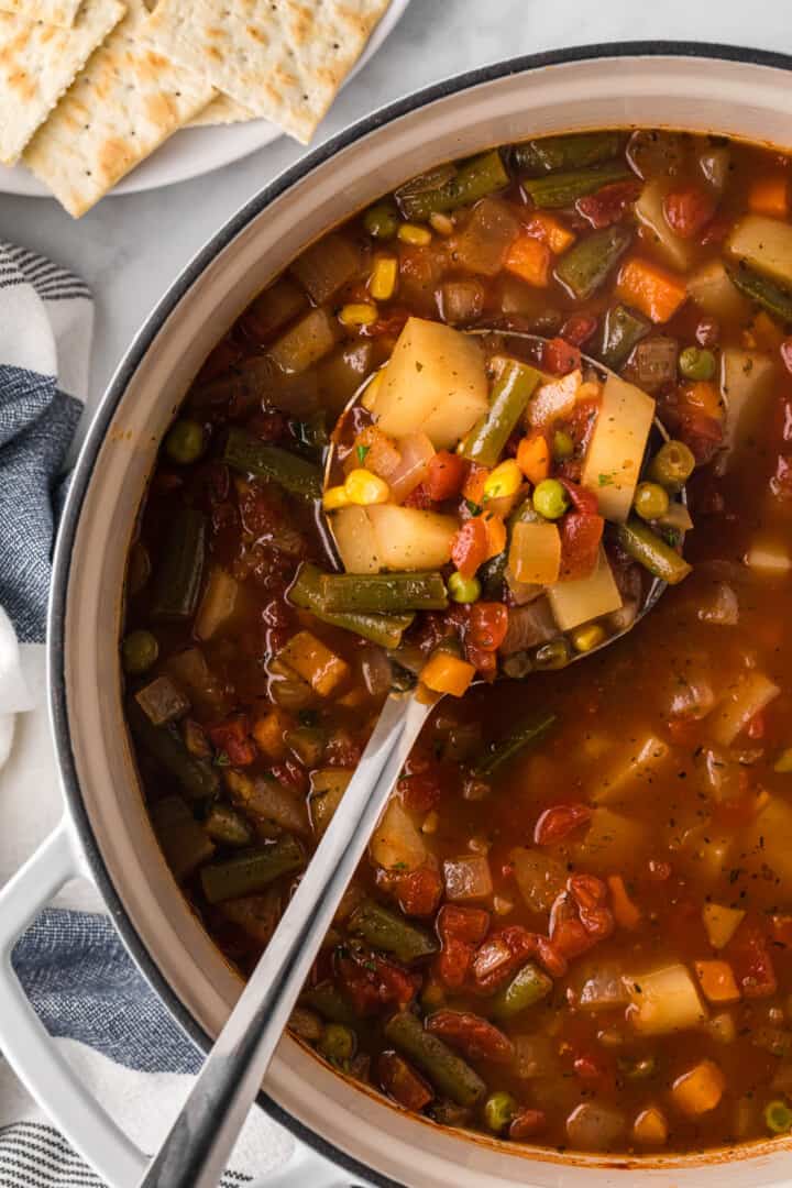 closeup of the vegetable soup in the pot.