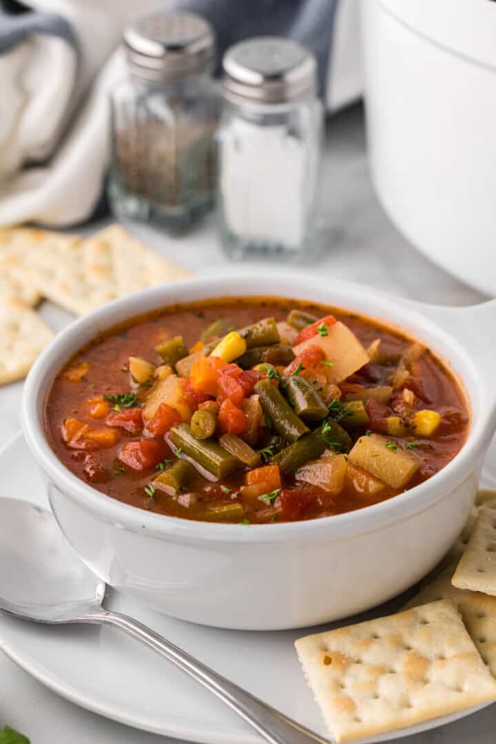 Vegetable Soup in white bowl.