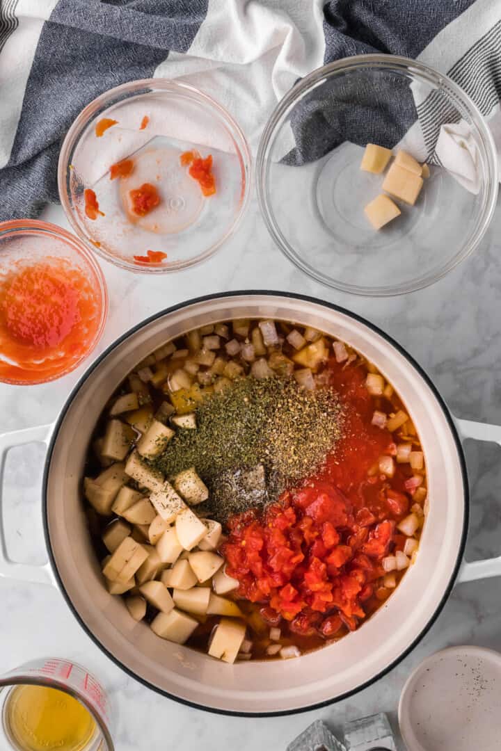 ingredients in the stock pot ready to be cooked.