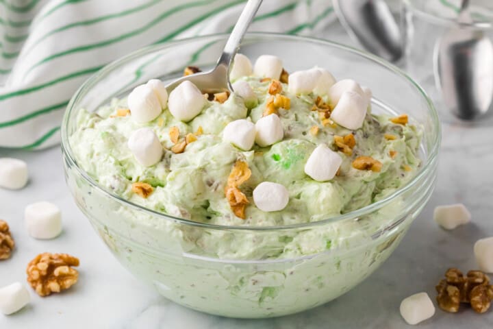 Watergate Salad in large glass bowl for serving.