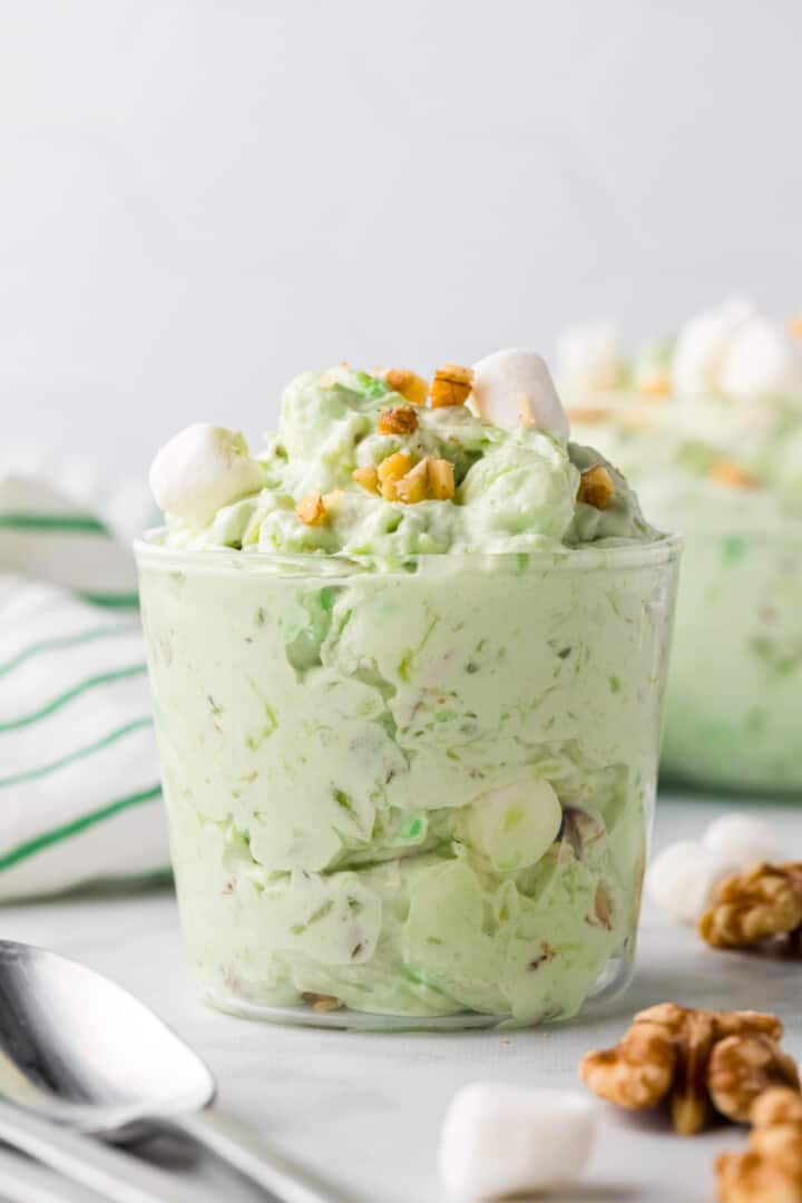closeup of Watergate Salad in glass cup.