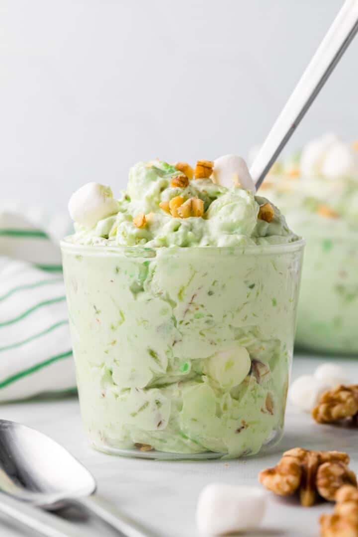 Watergate Salad in glass cup for serving.