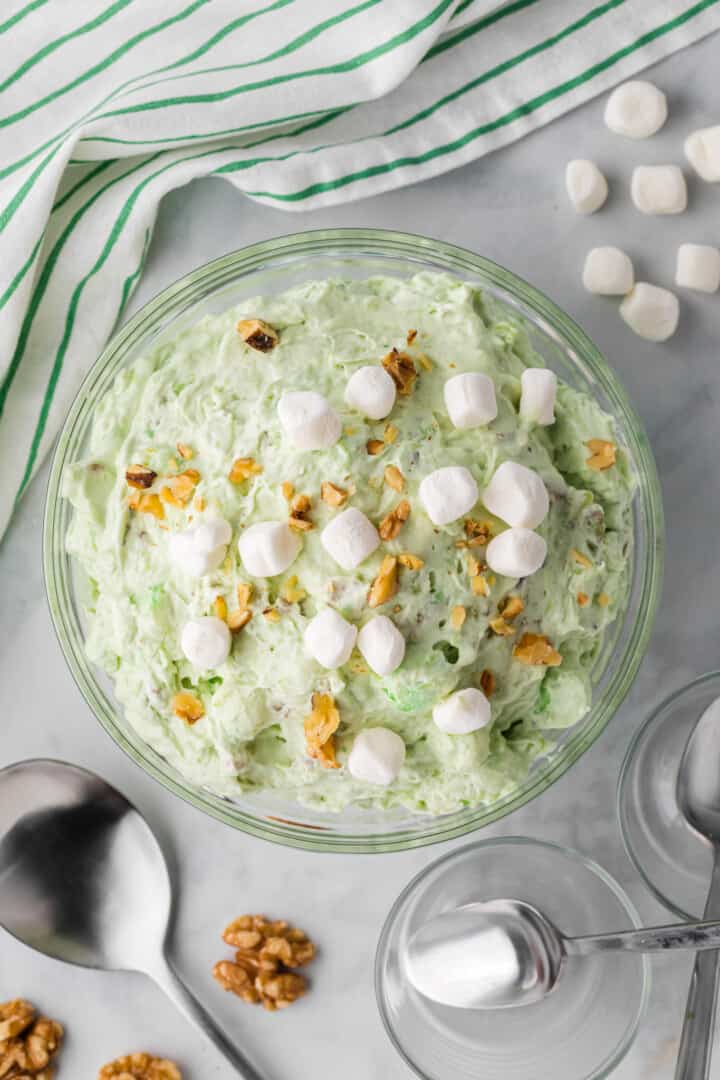 top view of the Watergate Salad in a large glass bowl.
