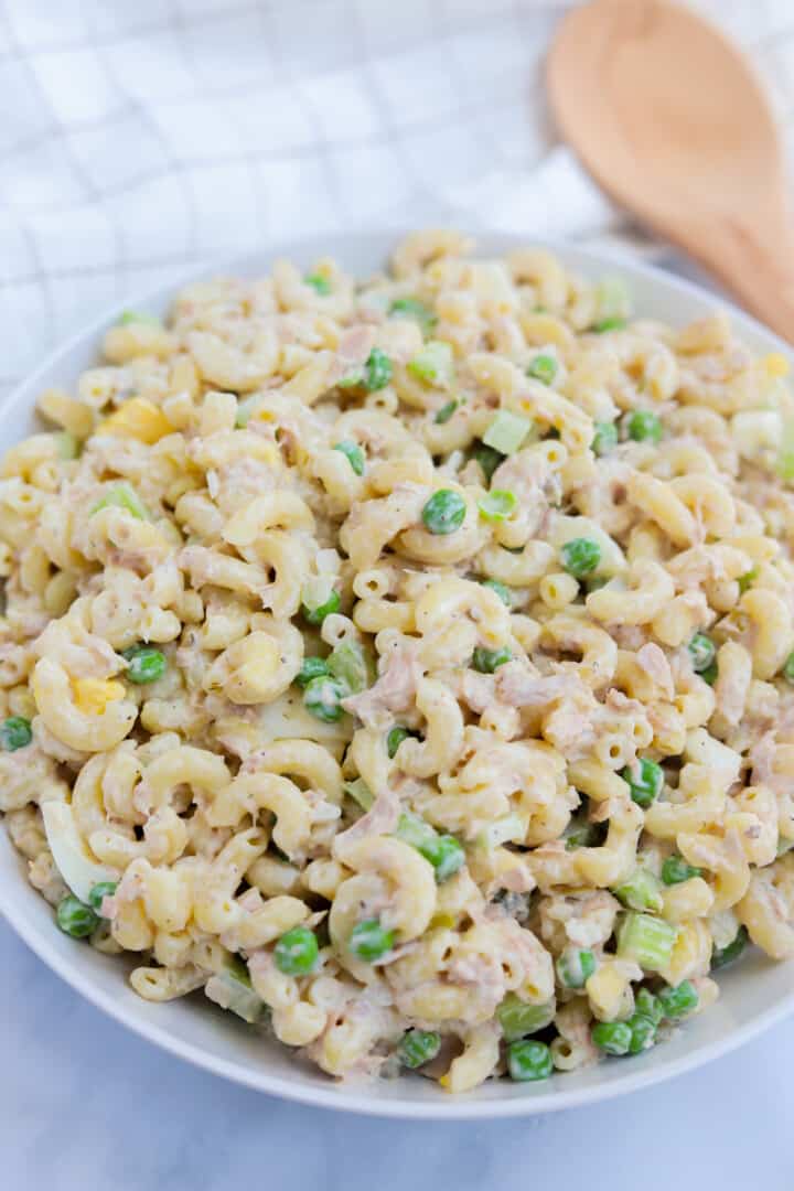 Tuna Macaroni Salad in large white serving bowl.