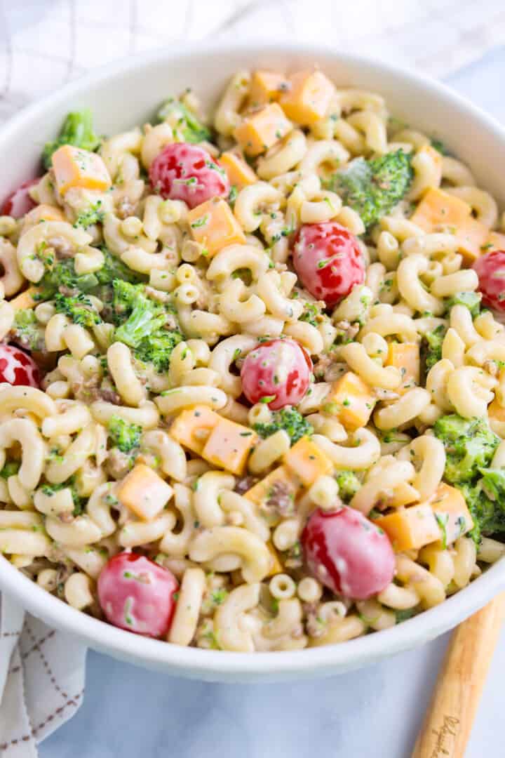 Bacon Ranch Pasta Salad in large white bowl for serving.