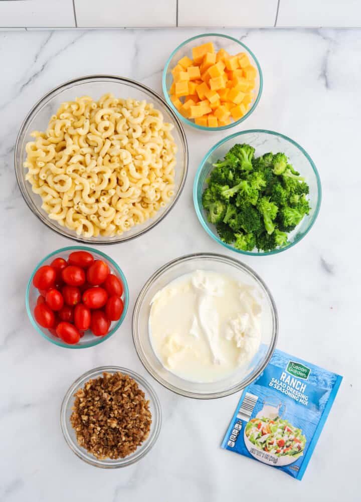 ingredients for bacon ranch pasta salad.