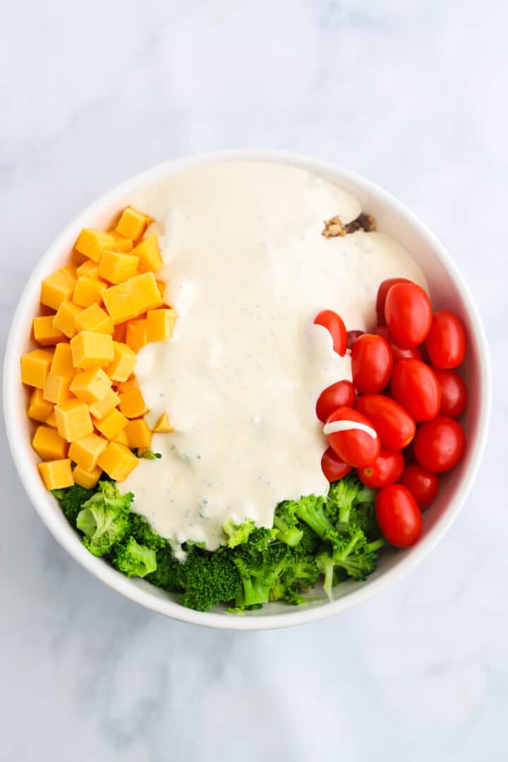 top view of pasta salad unmixed with the dressing on top.