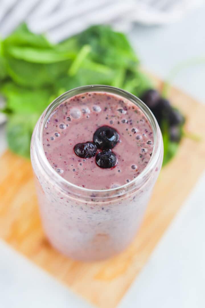 Blueberry Spinach Smoothie in glass top view.