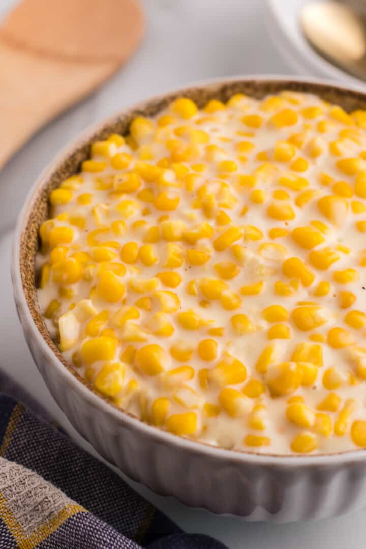 closeup of Creamed Corn in large serving bowl.