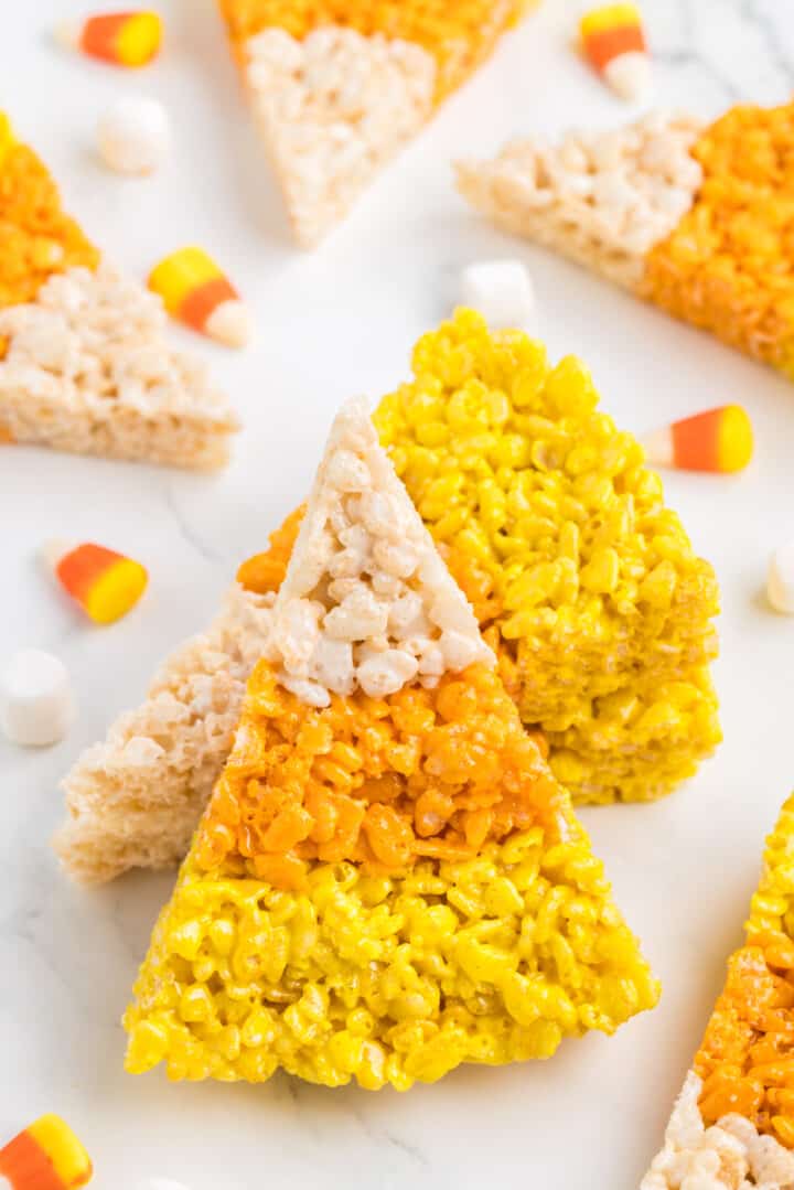 Candy Corn Rice Krispie stacked on top of each other.