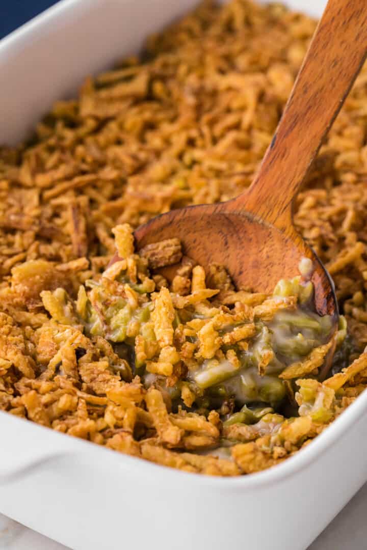 Green Bean Casserole in white casserole dish.