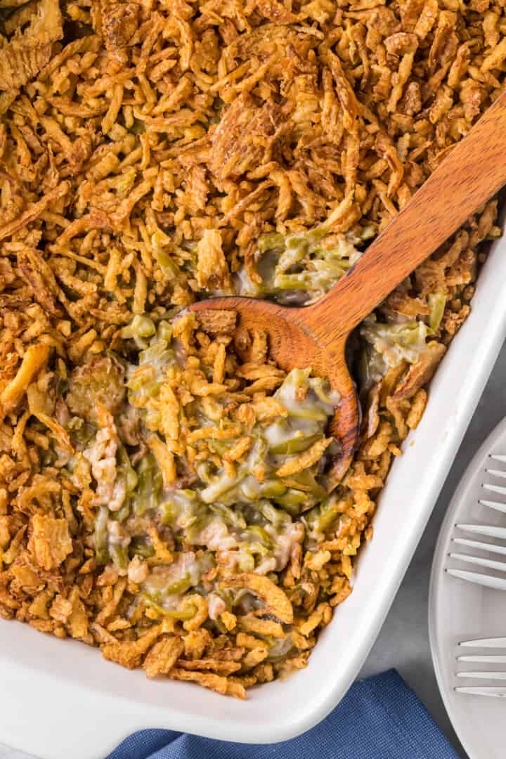 closeup of the green bean casserole in white casserole dish.